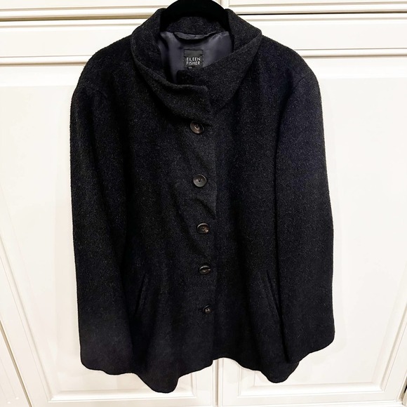 Eileen Fisher Baby Alpaca Wool Women’s Black Grey Button Front Lined Peacoat - Picture 1 of 9